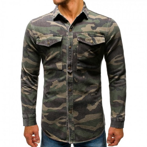 Long sleeve military camouflage denim shirt