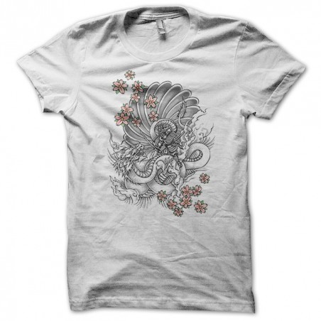 Samurai tattoo T-shirt against Dragon with flowers white sublimation